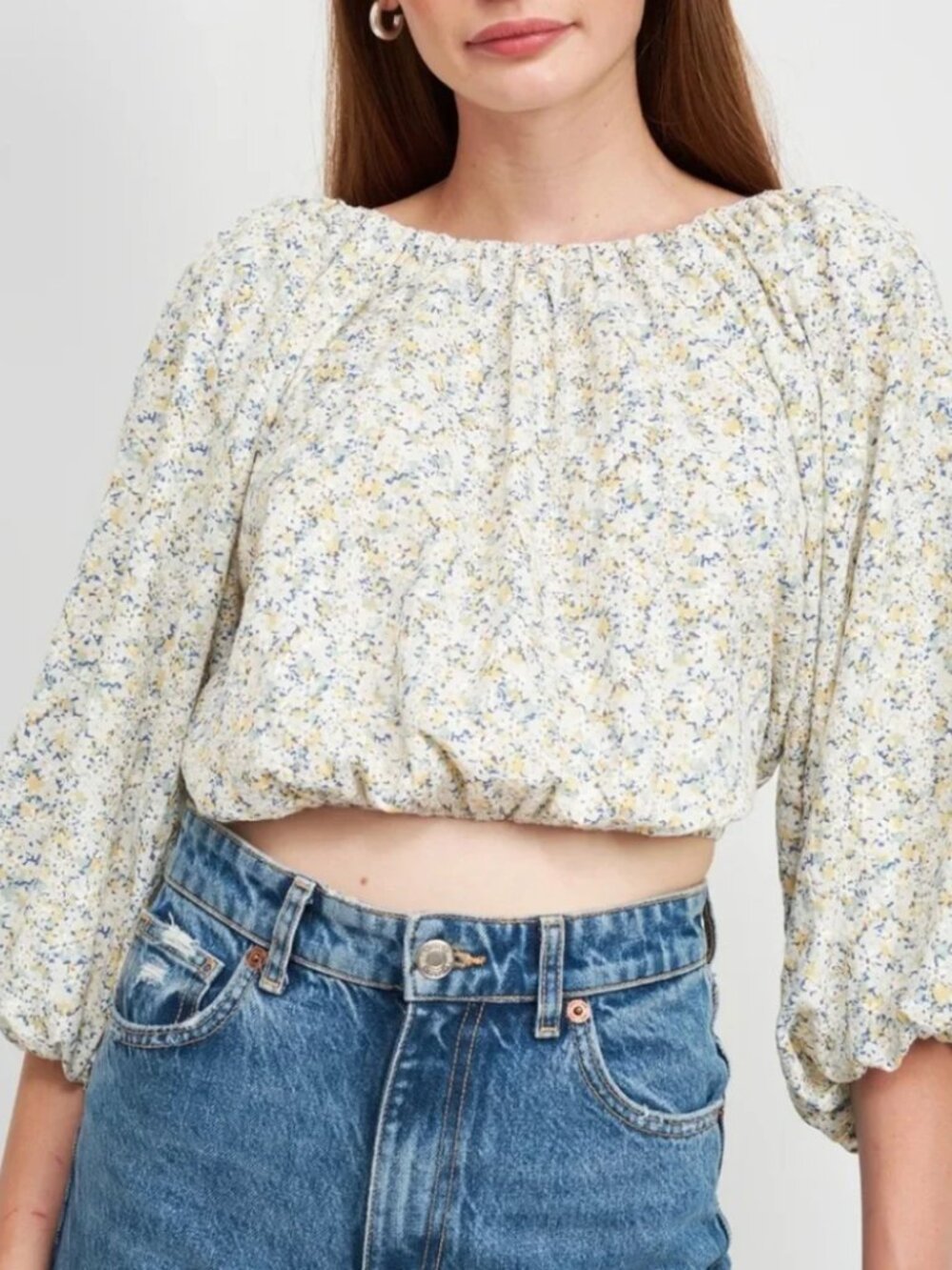En Saison Floral Orielle Top Ivory Blue Yellow Open Back Embroidered Women's M